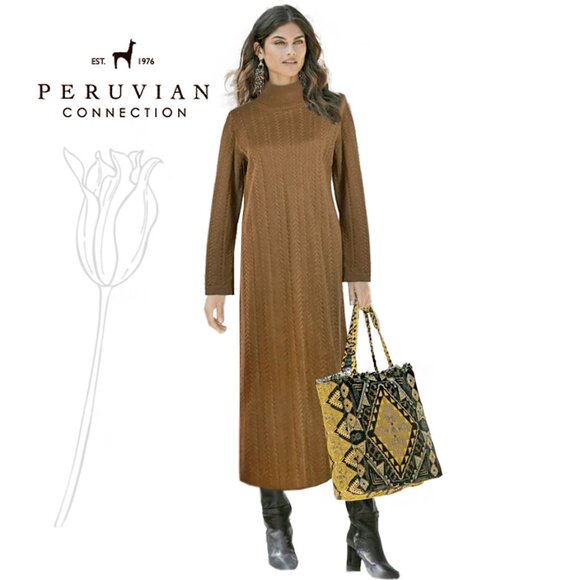 Peruvian Connection Brown Ribbed Knit Turtleneck Maxi Dress - Picture 1 of 9